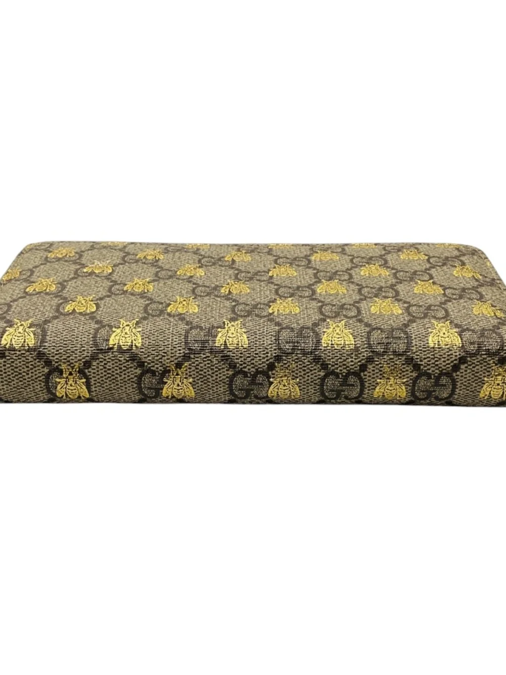 GUCCI BEIGE / GOLD METALLIC GG SUPREME BEES ZIP AROUND WALLET - Picture 4 of 8
